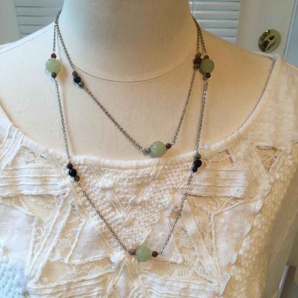 Vintage-inspired long silver and beaded necklace